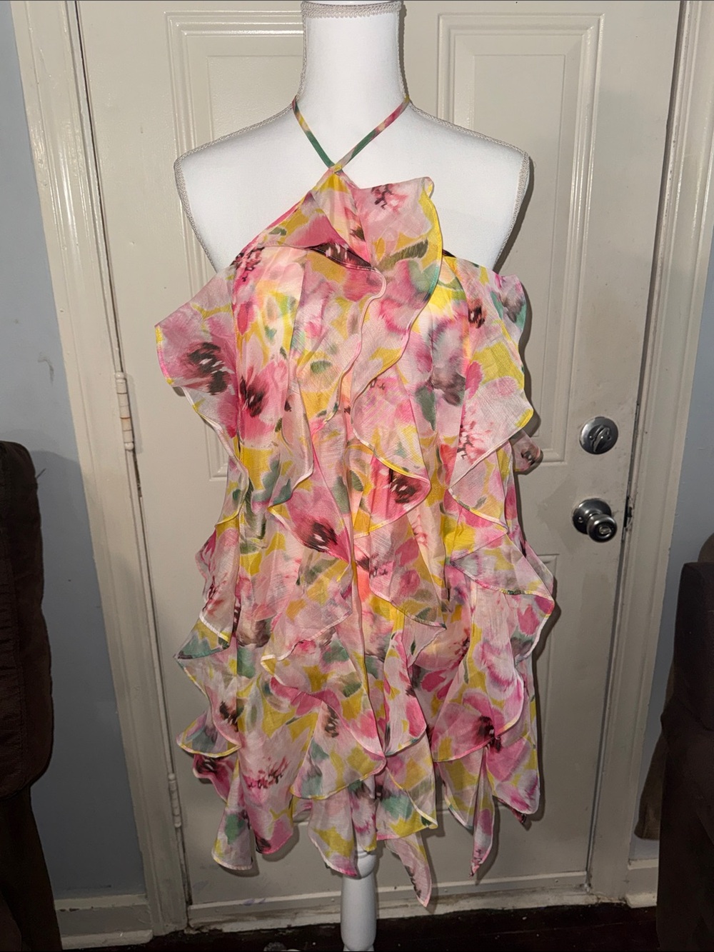 Misa Los Angeles Pink Floral Ruffle Halter Dress